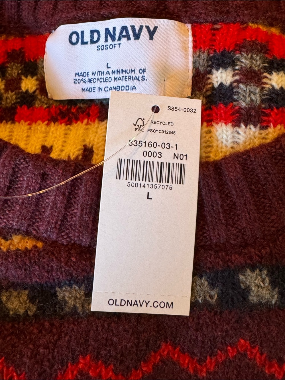 Old Navy Men's Burgundy Fair Isle Crewneck Sweater large nwt - Picture 4 of 5